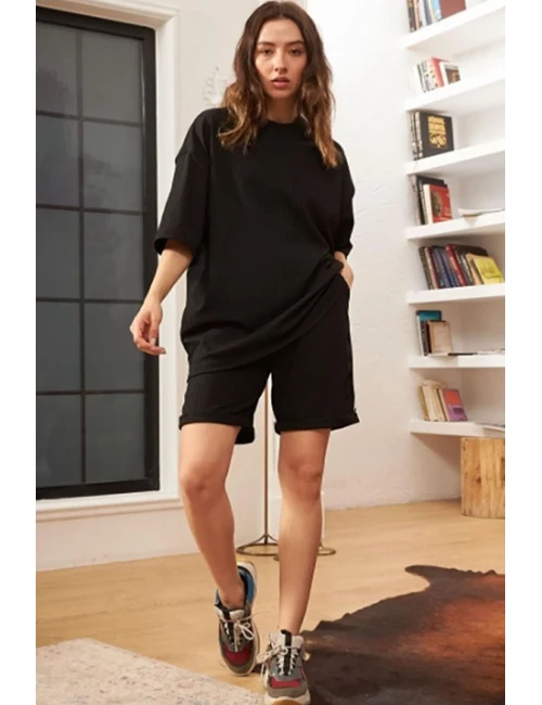 Unisex Siyah Oversize Bol Kalıp T-shirt Şortlu Alt Üst Ikili Takım